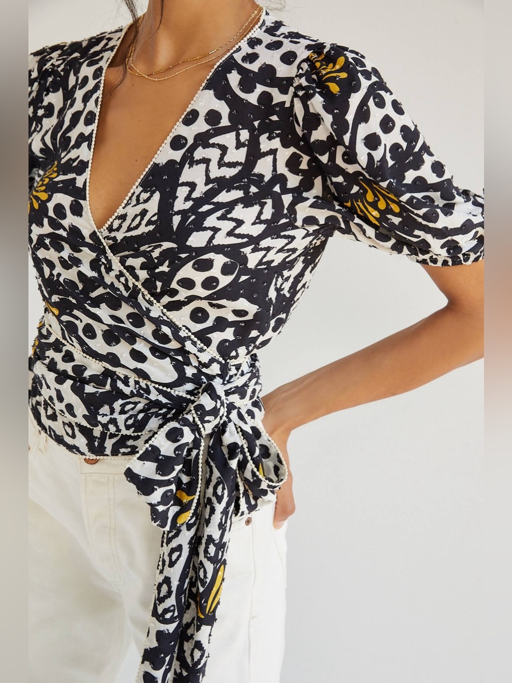 Farm Rio by Anthropologie Floral Wrap Blouse in Navy, White and Yellow